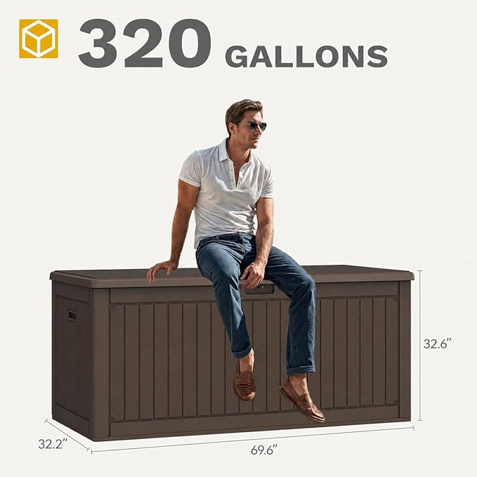 DWVO 320 Gallon Resin Outdoor Storage Box, XXL Double-Wall Waterproof Deck Box with Divider, Doubles as Table or Seating with 1000 lbs Capacity, Lockable (Brown)