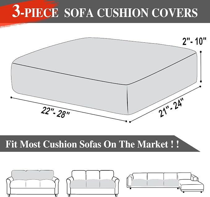 LA MEACK Couch Cushion Covers Seat Cushion Cover Stretch Couch Cover Separate Sectional Sofa Slipcovers Furniture Protector(3 Pieces for Seat or Sofa Backrest, Light Grey)