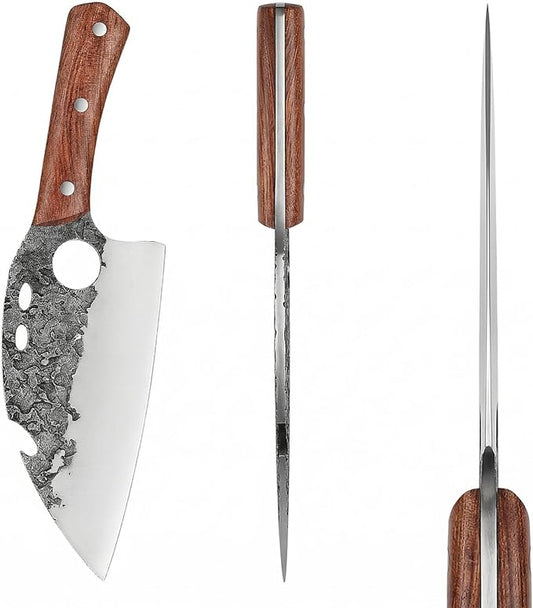 KOFERY Serbian Cleaver Hand Forged Viking Butcher Knife with 4Cr13 High Carbon Steel Full Tang for Camp Cooking, Outdoor BBQ, Butchering Meat & Fish, Includes Leather Sheath and Sharpener