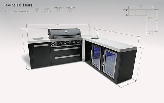 Mont Alpi Premium 94"W x 88"D Black Stainless Steel Modular L-shaped Outdoor Kitchen Island with 2 Refrigerators + Beverage Center Faucet & Sink + 44"W 6-Burner BBQ Grill + Storage Cabinets & Drawers