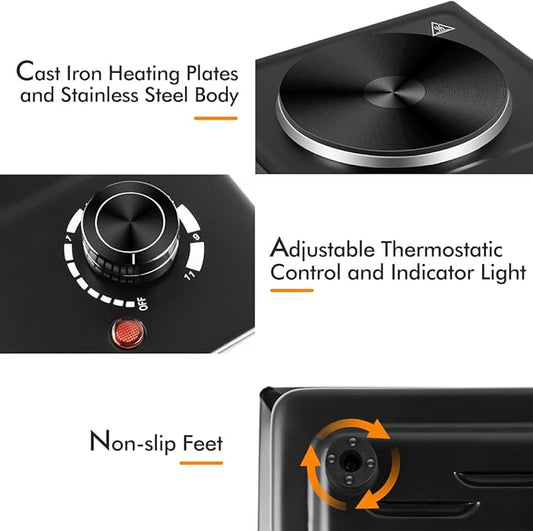 CUSIMAX Single Burner Electric Hot Plate, 1500W, Stainless Steel, Black | Adjustable Temperature/Works with All Cookware/Overheating Protection/Compact & Portable/Stainless Steel/Embeddable Design