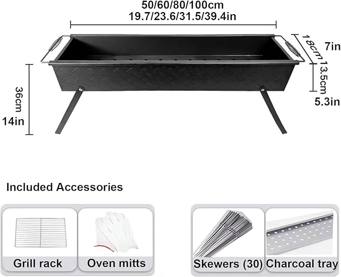 Portable Stainless Steel Mangal Charcoal Grill For Shish Kebab,Steaks,Burgers,Parrilla Para Asar Carne De Carbon,Foldable Barbecue Grill Skewer Asadores for Outdoor Cooking(60cm/24in)