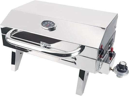 Boat Grill, 304 Stainless Steel Marine Grills w/Rod Holder Mount, Heat-Resistant Handle, Portable Propane BBQ for Boats & Tailgating & Camping, Built in Thermometer