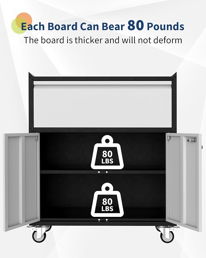 GarveeHome Garage Tool Storage Cabinet, Heavy Duty Metal Rolling Cabinet with Drawer, Adjustable Shelf, Lock & 4 Wheels, Tool Cart for Home Office Workshop, Grey