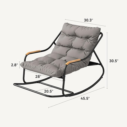 DWVO Oversized Rocking Chair, Textilene Patio Rocking Chair w/2.8" Thick Cushion & Teak Armrests, All-Weather Patio Lounge Chair for Backyard, Lawn, Garden, Black