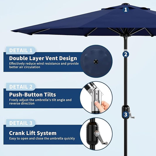 Garvee 9FT Patio Umbrella - Outdoor Table Umbrella with Crank Lift & Push Button Tilt - Market Umbrella 8 Sturdy Ribs UV Protection for Pool, Deck, Yard, Garden, Navy Blue