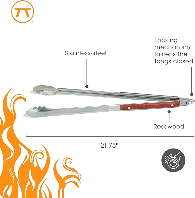 Outset QB22 Locking Stainless Steel Grill Tongs Extra Long 22", Rosewood Handles