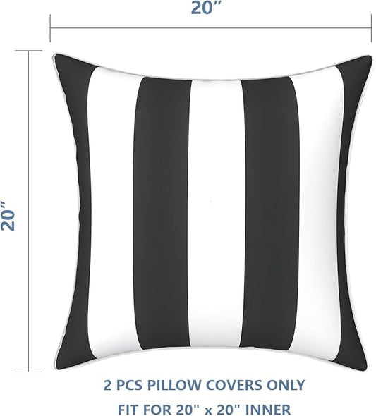 LVTXIII Outdoor Pillow Covers Set of 2, Patio Waterproof Throw Pillow Cases Fade Resistant Accent Pillow Covers for Spring Summer Garden Decoration, 20x20 Inch, Cabana Black