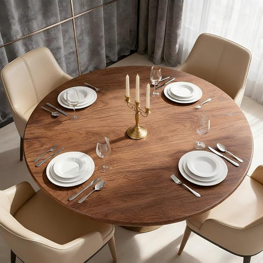 LUSHVIDA Round Waterproof Table Cover Elastic Vinyl Fitted Tablecloth Elastic Edged Plastic Table Cloth (Oak, Best for Up to 36"-44" Round)