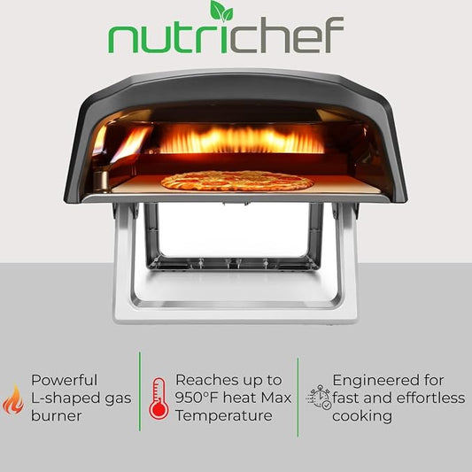 NutriChef Portable Outdoor Gas Pizza Oven - Includes Foldable Feet, Adjustable Heat Control Dial, Burner, Stone & Regulator Hose - Cooks 12" Pizza in 60 Seconds - 25.24'' x 16.14'' x 12.40'' IN
