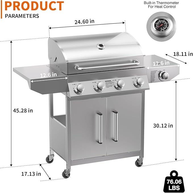 p
Overview
- Brand : SKOK
- Special Feature : Removable Grease Tray
- Color : Silver
- Fuel Type : Gas
- Recommended Uses For Product : Outdoor
![SKOK 4-Burner Propane Gas BBQ Grill with Side Burner & Porcelain-Enameled Grilling Grates,Stainless Steel Grill with 544 Sq. In. Grilling Area for Outdoor Cooking,58,000 BTU Output