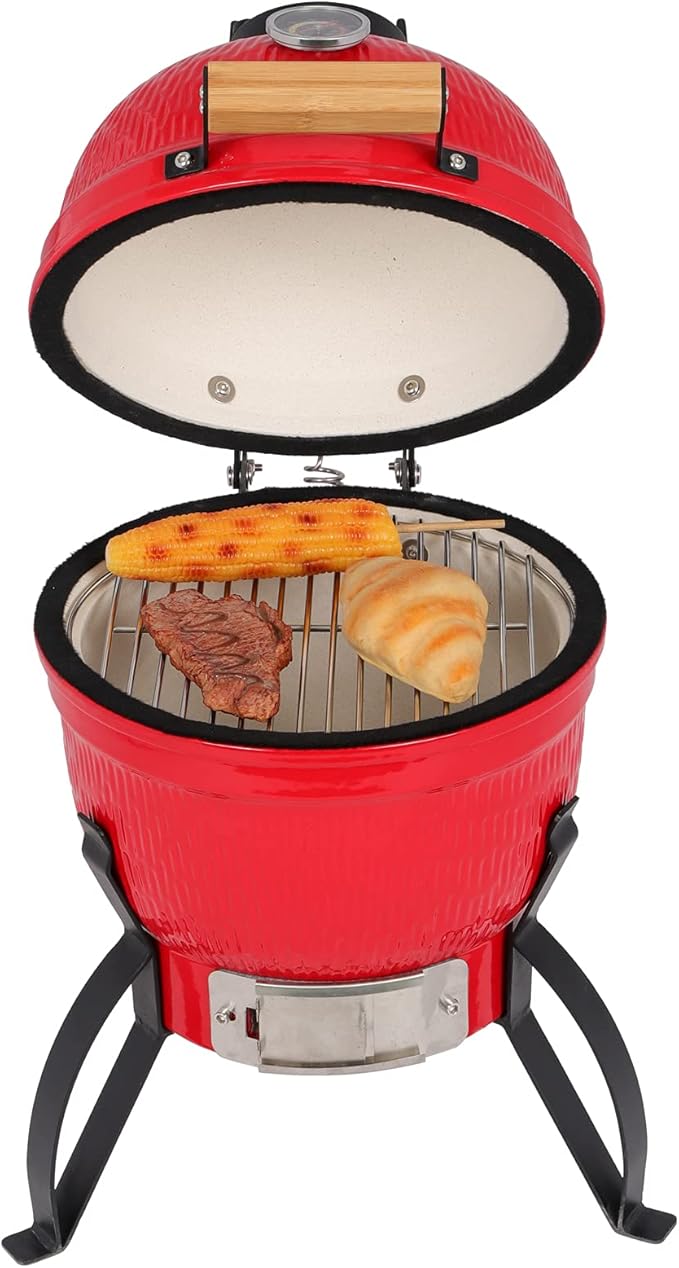 13" Portable Round Ceramic Charcoal Grill,Outdoor Barbecue Smoker,Heavy Duty Outdoor BBQ Grill,Vertical Camping Barbecue Grill,with Built-in Thermometer,for Garden Patio Beach Backyard (Orange)