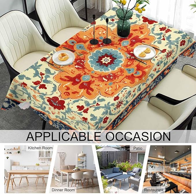 Carpet Boho Table Cloth Rectangle Table 52"X70", Ethnic Southwest Persian Style Rug Orange Wipeable Table Cover for Dinner Kitchen, Outdoor Tablecloth for Party Banquets Weddings