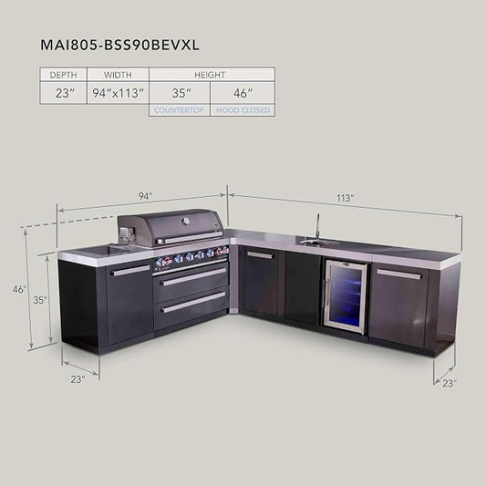 Mont Alpi 94"W x 113"D L-shaped Black Stainless Steel Outdoor Kitchen Island with Fridge + Faucet & Sink + 44"W 6-Burner BBQ Grill + Granite Countertops + Storage + Chopping Board + Rotisserie + Cover
