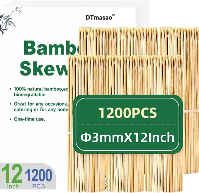 1200PCS 12 inch Bamboo Skewers for Wooden Sticks, BBQ,Appetiser,Fruit,Cocktail,Kabob,Chocolate Fountain,Grilling,Kitchen,Crafting and Party. Φ=3mm, More Size Choices 6"/8"/10"/12"/36"
