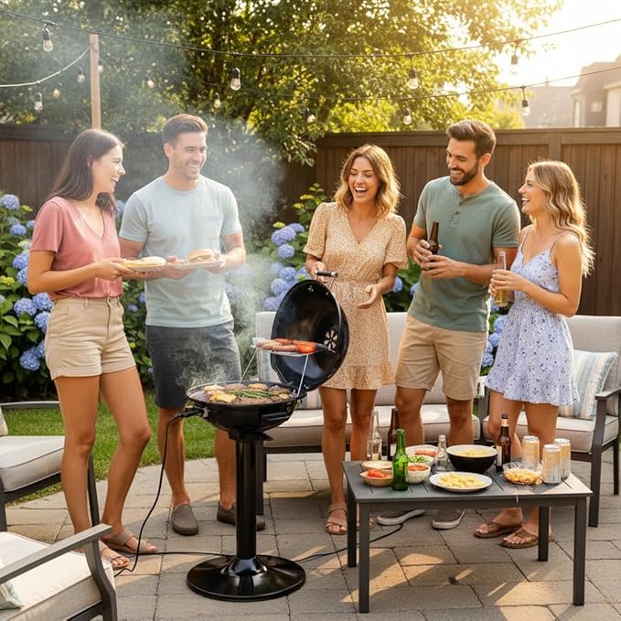 Electric Grill Outdoor, CUSIMAX Electric BBQ Grill, 1600W Portable BBQ with Lid for Cookouts, BBQ Gatherings, Small Spaces, Adjustable Heat, Removable Stand Grill, Oil Collector