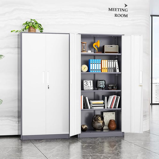 INTERGREAT Metal Storage Cabinet, 72โ H Storage Cabinet with Doors and Adjustable Shelves for Office, Home, Garage, Pantry (Assembly Required, Grey White)