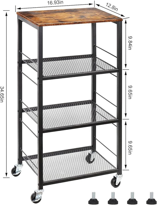 Kitchen Baker's Rack Microwave Cart 4-Tier Island Serving Bar Cart on Wheel Industrial Wood End Side Table Storage Trolley Rack for Bedside Bathroom and Office