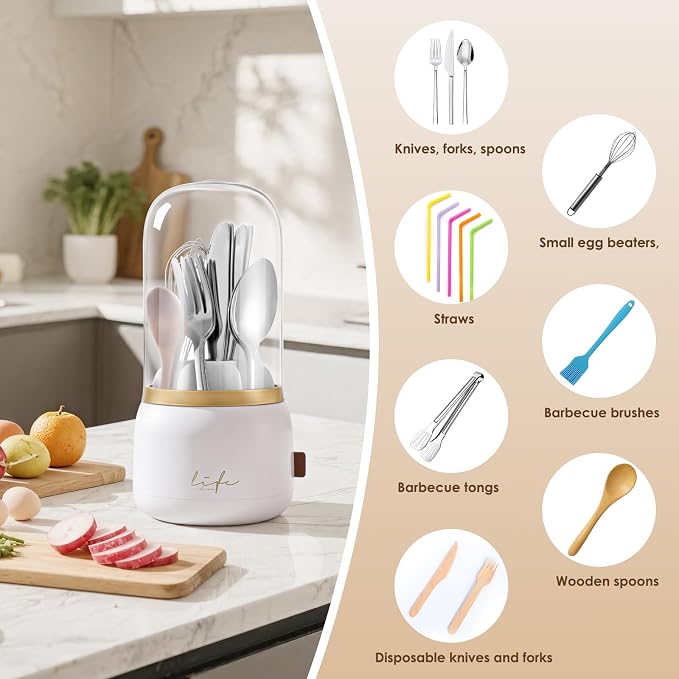 EXIN DECHEN Silverware Organizer with Lid,Cutlery Holder,White with Gold | Waterproof and Dustproof,360°Rotating,Store Knives Forks Spoons Chopsticks for Kitchen Counter,Table,Party,Outdoor Camping,Rv