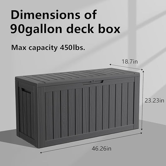EasyUp 90 Gallon Outdoor Storage Box Waterproof, UV Resistant Resin Deck Box with Hydraulic Rod, Reinforced Stability for Patio, Garden, Striped Black