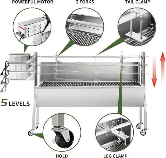 Kendane Rotisserie Grill Charcoal Spit Roaster, Stainless Steel 46" Pig Lamb Hooded Roaster Charcoal Spit with 30W Motor & Adjustable Height Lockable Casters for Party Barbecue, Rated 150 LB