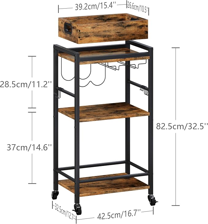 3 Tier Rolling Bar Cart with Wheels, Wine Cart with Removable Tray, Rustic Bar Carts Small, Drink Cart for Small Spaces, Beverage Cart, Liquor Cart for Kitchen, Living Room(Rustic Brown)GBC513R