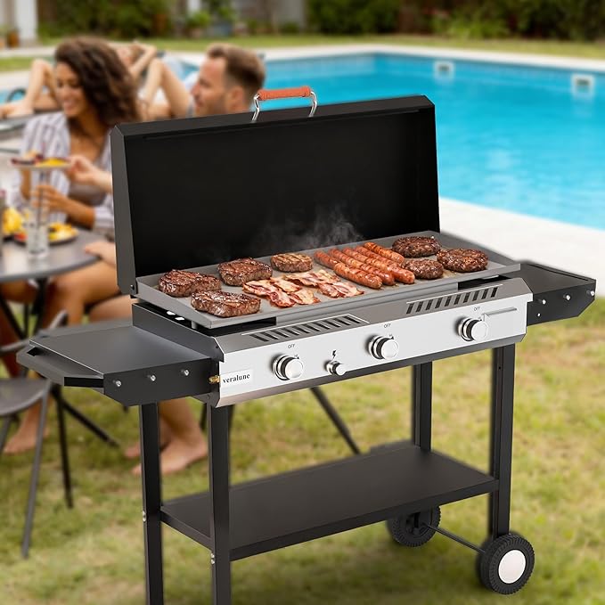 Veralune 2 in 1 Flat Top Gas Grill with Lid, Propane Gas Griddle, Outdoor Griddle Grill, Folding Side Shelves, Push-Button Ignition, Large Cooking Area