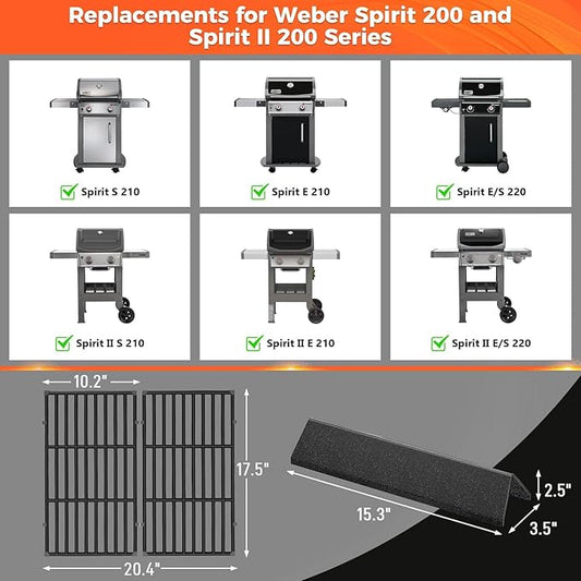 QuliMetal 7637 7635 Grill Replacements for Weber Spirit E210, E220, S210, S215, Spirit 200 & GS4 Spirit II E210, Spirit II E220 Series with Front-Mounted Control, 15.3" Flavorizer Bars & 17.5" Grates
