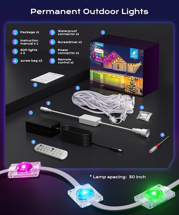 Permanent Outdoor Lights for House,100ft RGB+IC Lights with 16 Million Colors & 50 Scene Modes, App/Remote Control, IP67 Waterproof, DIY Music Sync, for Christmas, Holiday & Party Decor
