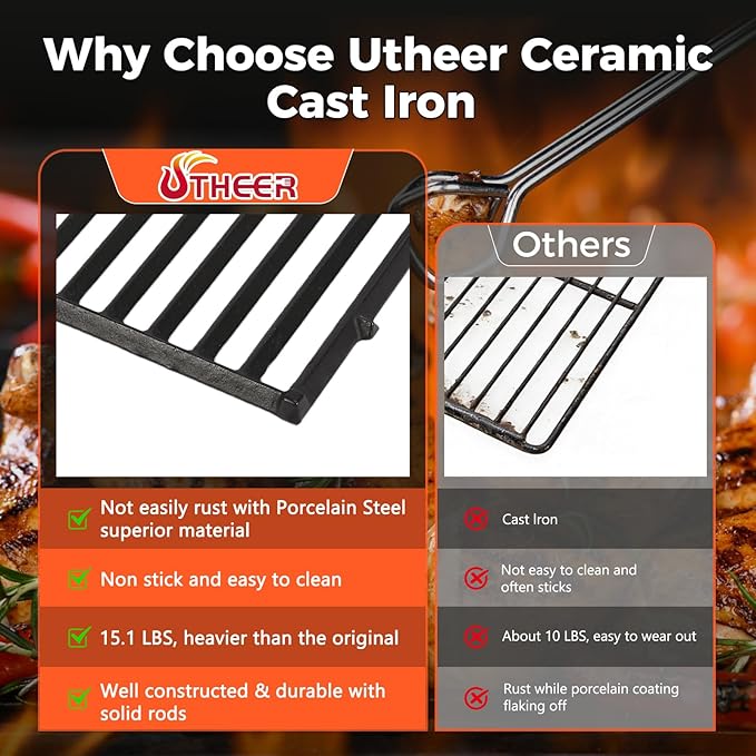 Utheer Matte Porcelain-Enameled Cast Iron Grill Grates Replacement for Weber Genesis 300 & 400 Series (2025+ Models), Fits E/S-325, E/S-330, E/S-335, E/S-435, E-430, EX-335, Nonstick Cooking Grate