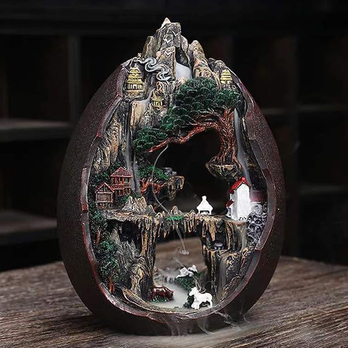 Mountain Waterfall Incense Burner,Backfall Incense Holder River, Incense Falls Meditation Decor for Room with Upgrade Incense Cones and Accessories (2side)