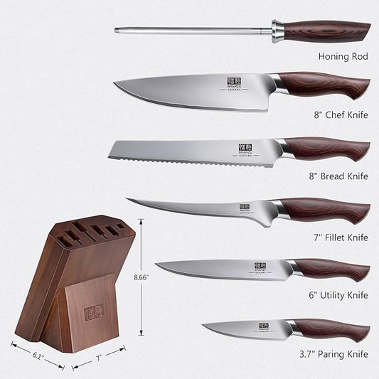 SHAN ZU 7 Pc Knife set, High Carbon Japanese 10Cr15Mov Stainless Steel Professional Kitchen Cooking Knives, Ultra Sharp Japanese Chef Knife Set with Ergonomic Pakkawood Handle