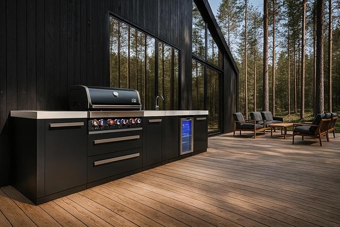 Mont Alpi Premium 157" Black Stainless Steel Outdoor Kitchen Island with Refrigerator + Beverage Center Faucet & Sink + 44"W 6-Burner BBQ Gas Grill + Granite Countertops + Storage Cabinets & Drawers