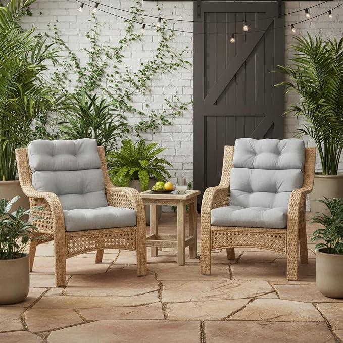 Outdoor Tufted High-Back Chair Cushions, One-Piece Hinged Seat and Back Design, Reversible with 4 Ties, Durable Polyester Fabric, Recycled Fiber Fill - Set of 2, Heather Gray