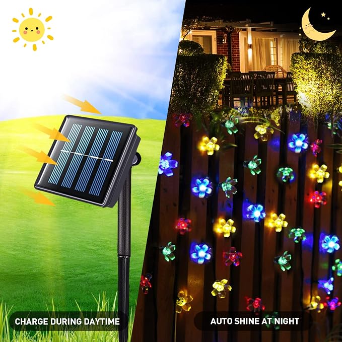 JMEXSUSS 2 Pack Solar String Lights Outdoor, Each 50LED, Flower, Multicolor | Outdoor Waterproof, 30.6ft, Cherry Blossoms, 8 Modes Christmas Lights for Garden Patio Yard Tree Party Decorations