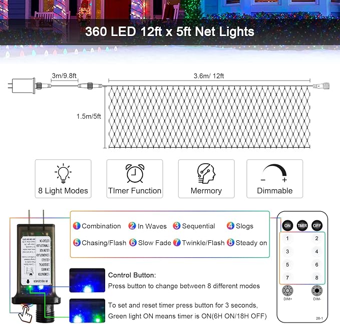 JMEXSUSS 360 LED Christmas Net Lights, Multicolor, 12ft x 5ft | Outdoor Waterproof, Connectable, Plug in, Mesh Lights with Remote for Bushes Shrubs Christmas Decorations