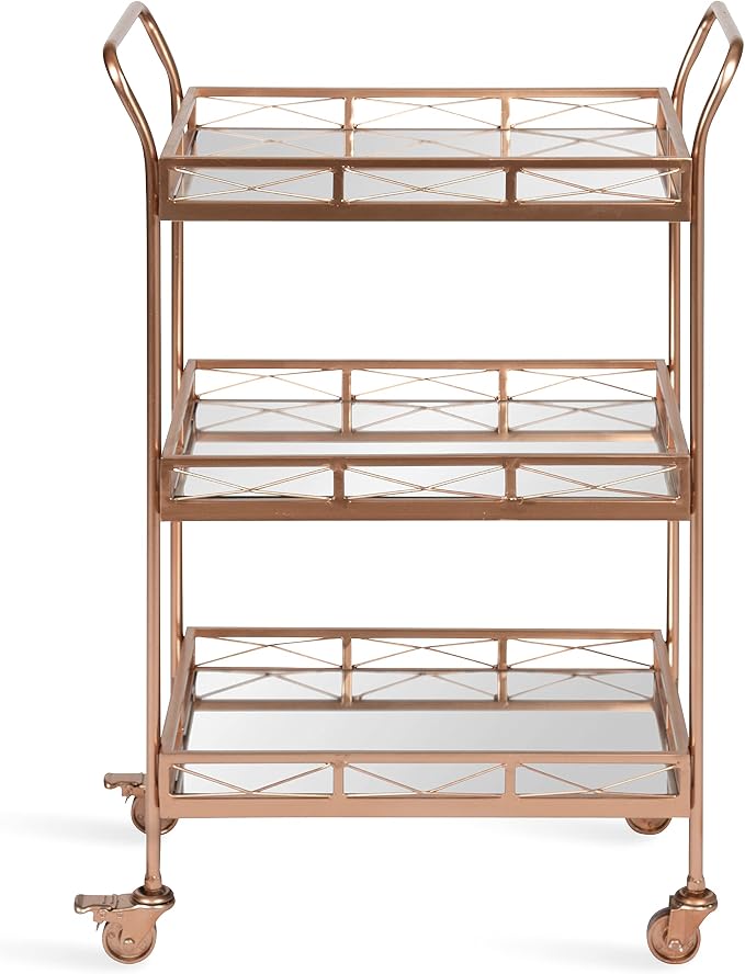 Kate and Laurel Ketia Glam Metal Bar Cart; 23 x 13 x 34; Rose Gold; Glamorous Three Tier Gold Bar Cart for Display and Storage