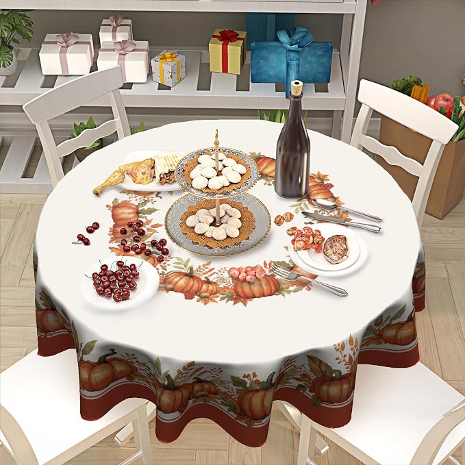 Sweetshow Fall Pumpkin Table Cloth Round Autumn Maple Leaves Tablecloth 60 Inch Decor Washable Stain and Wrinkle Resistant Thanksgiving Round Table Cover for Dining Party Picnic