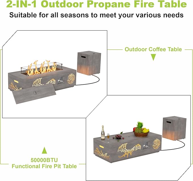 SUNPEAK 42" Propane Fire Pit table with LED Light - 50,000 BTU with Wind Guard, Lid, Rocks and Cover - Gas Fire Pits for Outside Patio - Fire Pit Tables for Outside Patio (Grey/Dragon Cutout, 42" LED)