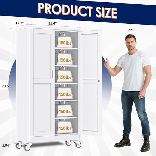 erosoei 74" H Metal Garage Storage Cabinet, Rolling Tool Cabinet with 2 Doors and Wheels, Locker Steel Cabinet with 5 Adjustable Shelves, Organization Cabinet for Garage,Office,Home,Gym,School๏ผWhite๏ผ