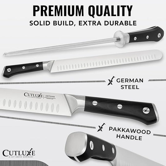 Cutluxe Butcher Knife Set – BBQ Brisket, Breaking and Boning Knives, Honing Rod – Carving Knife Set for Meat Cutting, Ultra Sharp German Steel, Full Tang, Ergonomic Handles – Artisan Series