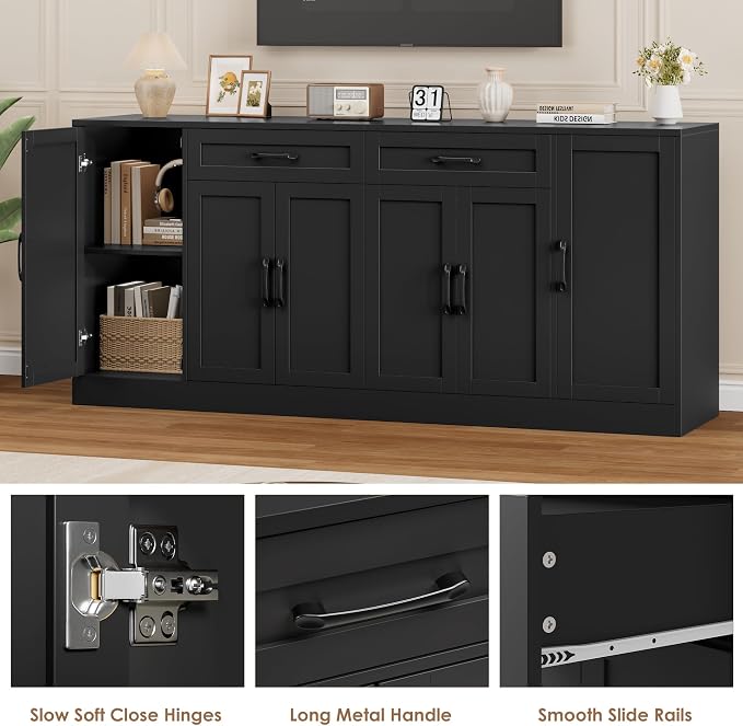 71” Large Buffet Cabinet with Storage, Sideboard Buffet Cabinet with Adjustable Shelves and 6 Soft-Close Doors, Wood Coffee Bar Console Table for Kitchen, Dining Room, Black | Sideboard 6 Soft-Close Doors, Wood Coffee Bar Console Table for Kitchen, Din...