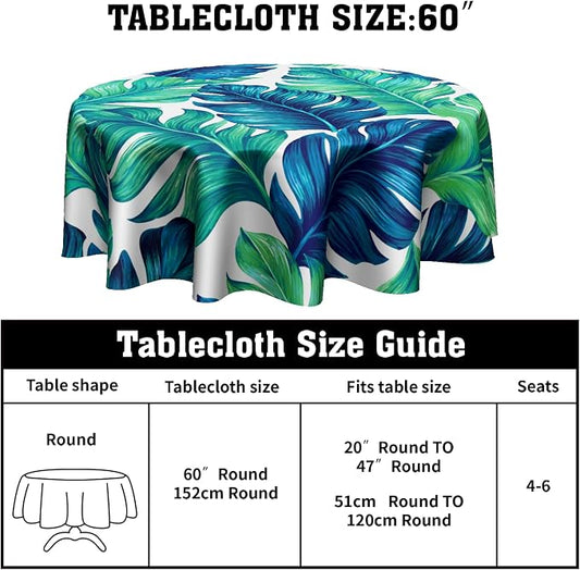 Sweetshow Tropical Tablecloth Round 60 Inches for Summer Green Hawaiian Palm Leaf Round Tablecloth Polyester Washable Circle Table Cover Table Cloth for Kitchen Dining Room Picnic Patio Wedding Party