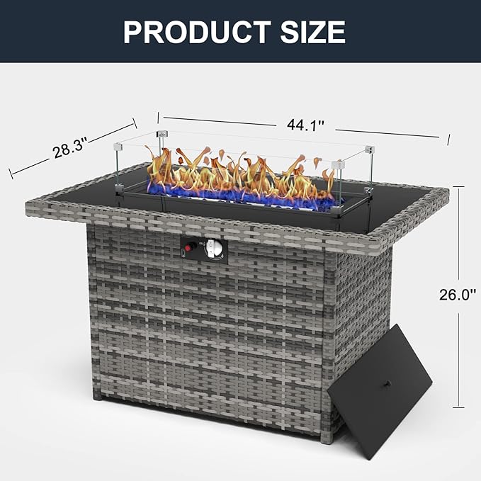 44 Inch Propane Gas Fire Pits Table for Outside Patio, 60000 BTU Rectangular Outdoor Wicker Rattan Fire Pit with Glass Wind Guard