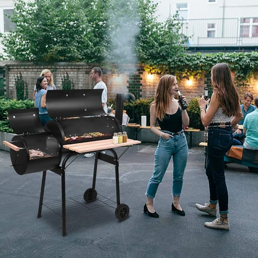 Charcoal Grill with Offset Smokerr, Barbecue Grill for Outdoor Camping or Backyard, Black