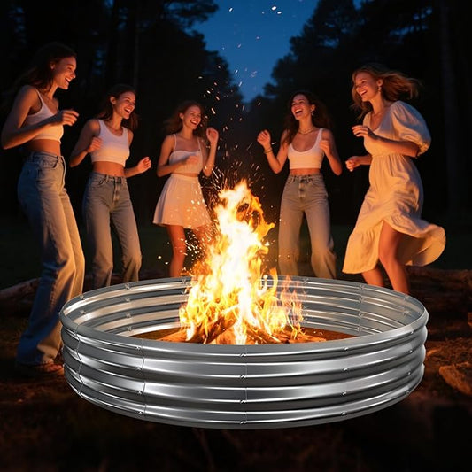 6FT Diameter Camp Fire Ring Pit, Large Round Galvanized Steel Fire Pit, Heavy Duty Steel Fire Pit Silver for Backyard, Camping, Bonfire (6x6x1FT)