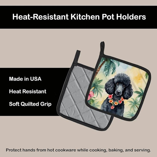 Caroline's Treasures Black Poodle Luau Pair of Pot Holders Kitchen Heat Resistant Pot Holders Sets Oven Hot Pads for Cooking Baking BBQ, 7 1/2 x 7 1/2