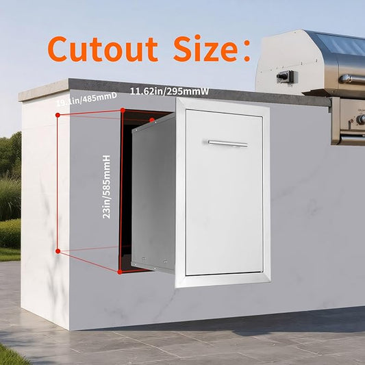 Pull Out Trash Can Drawer Outdoor Kitchen Trash Cabinet Stainless Steel Flush Mount for Outdoor Kitchens & BBQ Islands 14" W x 25.7" H x 19.4" D