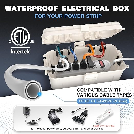 Flemoon Medium Outdoor Electrical Box (11.5x5.2x4 inch), IP54 Waterproof Extension Cord Cover w/6 Cable Entry Ports, Weatherproof Connection Box for Power Strip, Timer, Plug, Holiday Lights, White