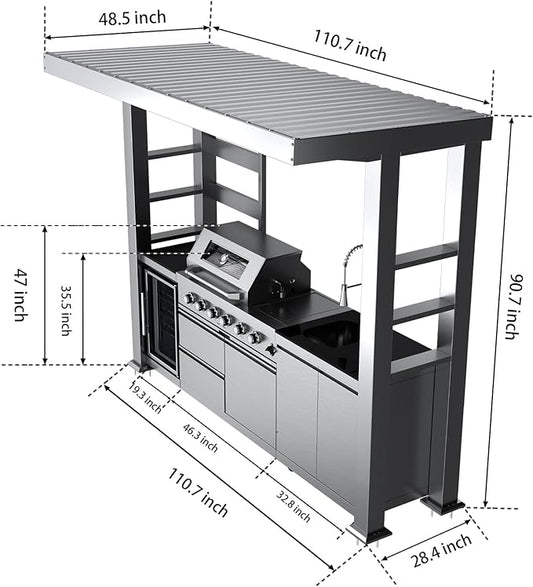 110in Four-Burner Gas Grill with 72,000 BTU Stainless Steel Outdoor Kitchen Bar Grill Island, Refrigerator, Grill, Granite Countertop, Storage Cabinets and Drawers (Silver, 110"(Propane Gas))